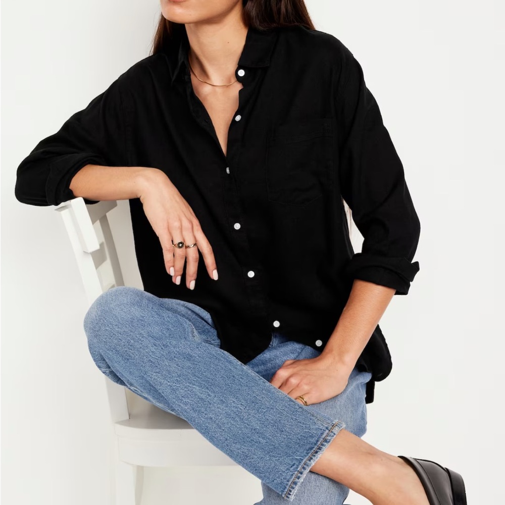 NWT Old Navy Linen-Blend Button-Down Boyfriend Shirt Black Sz M
